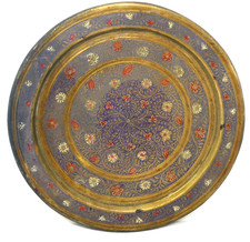 Brass Tray Enamel Inlay Floral Scroll Pattern Circular Plate 22.5cm Indian