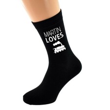 PERSONALISED NAME Loves Train Spotting and Image printed Mens Black Cotton Socks