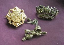 3 lovely vintage /antique brooches Crown, Bow, Silver, Marcasite, Gold filled