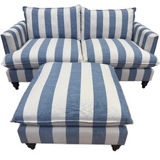 Designer Cocobella 3 seater sofa & footstool in denim blue & white stripe fabric