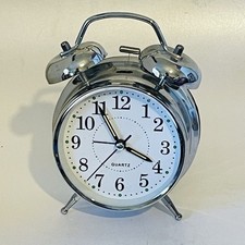 Retro Alarm Clock Silver Effect Twin Bell Silent Tick Bedside Wake Up