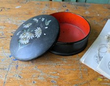 Antique Japanese Lacquer Ware Floral Round Box Vintage Black Daisy Flowers Paint