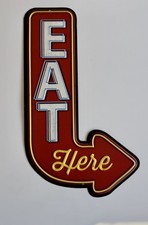 Vintage style Retro Open Road Brands Eat Here Arrow Embossed Bar Diner Tin Sign