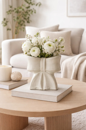 White ceramic bow vase - ceramic, lrg