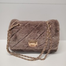 Aldo Faux Fur Shoulder Bag with Gold Chain - Taupe