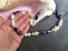 Large Baroque Double Real Pearl Bead Beaded Necklace ~ Purple Crystals