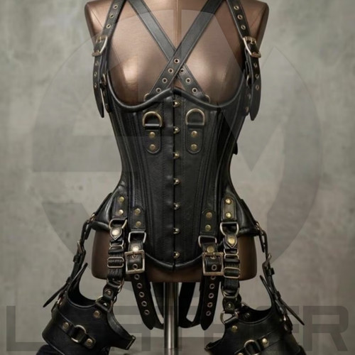 Black leather corset harness - leather,