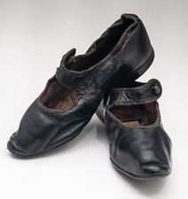 Pair Antique Victorian Child's Leather Shoes. Black Button & Loop, Heel Tacks