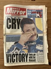 Daily Mirror Newspaper 1992 13th July Nigel Mansell, Formula One Victory 