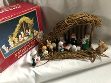 VINTAGE Premier Wooden Stable Nativity Set Ceramic Figures
