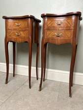 French Floral Marquetry Bedside Tables Kidney Drawers Louis XVI Style Cabinets