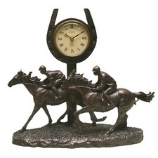 Mantel Clock Bronze Race Horses & Jockeys Galloping Past the Finishing Line 5661