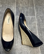 LK BENNETT DESIGNER WOMENS PATENT LEATHER WEDGE HEELS SHOES NAVY BLUE UK 6 EU 39