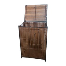 Vtg Wooden Storage Laundry Basket Metal Frame Mid Century Lid Handles Rattan B24