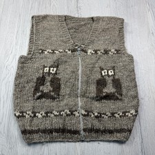 Aran Wool Hand knitted Owl Vest Waist Coat Cardigan Full Zip Brown Beige Medium