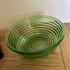 Vintage Green Ridged Circles Pattern Large Glass Bowl 21cms Width.