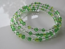 Handmade Green Lime Crystal Clear Glass Bead Beady Memory Wire Cuff Bracelet 