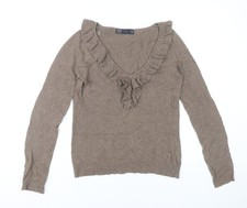 Zara Women’s Brown Angora Blend V-Neck Ruffle Jumper Size 8