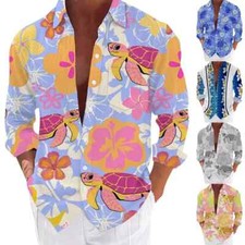 Men's Button Down Long Sleeve Tropical Beach Shirts Hawaiian Shirt Turtle Flower