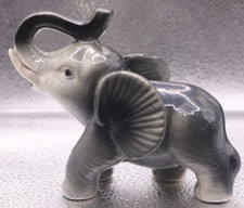 Small Ceramic Elephant  Gray Trunk Up Lucky Bone China 