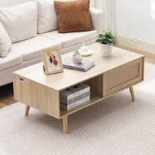 VEVOR Rattan Coffee Table Mid Century Modern Coffee Table Rectangle Wood Coffee
