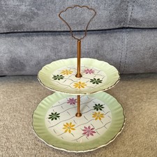 VTG OLD FOLEY JAMES KENT LTD 2 TIER CAKE STAND FLORAL DESIGN COPPER TONE HANDLE