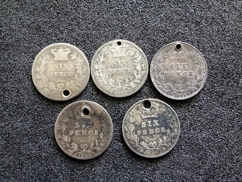 Five holed victorian sixpences - five,