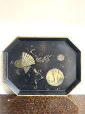 Large Antique Papier Mâché Tray Gilt Painted Oriental Scene Japanese Birds VTG