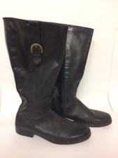 BHS Ladies Black Leather Uppers Flat Boots Zip UK 6 Buckle Detail Stretch Calf