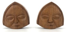 Vintage UNUSUAL HAND CARVED WOODEN FACE WALL SCULPTURES - Pair - Modernist