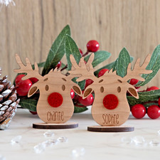 Personalised Wooden Reindeer Place Name with Glitter Red Nose