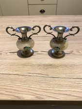 2 x Vintage Chrome & Onyx Stone Marble Decorative Bud Vases  Made In Italy