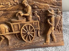 C.A. Morand Plaque French Hand Carved Wood Art 1912 Harvest Scene 16”x12.5”