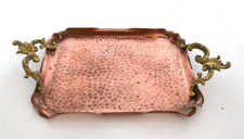 Antique Copper Small French Drinks or Tea Tray Hammered Copper and Brass Handles