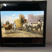 Antique Hand-Colored Magic Lantern Slide - Horse Drawn Wagons City Scene