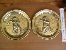 Vintage Embossed Round Brass Cupid With Bow & Arrow Wall Hanging Plate x 2