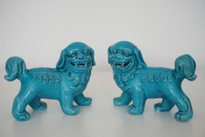 Chinese Vintage Turquoise Glazed Pair Porcelain Foo Dogs - 20th Century