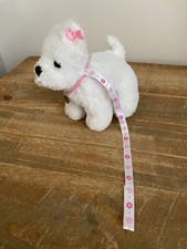 White Westie? Dog Soft Toy With Pink Bow Floral Lead & Silver Heart On Collar 6”