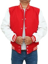 Men's Letterman Baseball League Bomber Red Wool & White Leather Sleeves Varsity