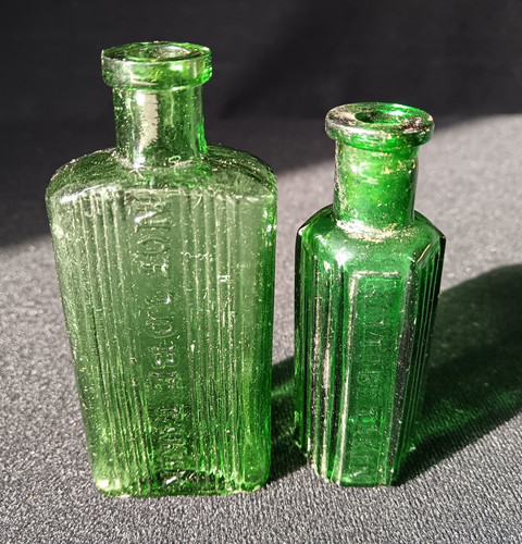 Antique green glass poison - x,