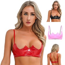 UK Women PVC Leather Bra Top V-Notch Underwired Push Up Shelf Bralette Lingerie