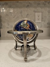6” Blue Lapis Gemstone Globe Semi Precious Stone Inlay S/S Stand  No Compass