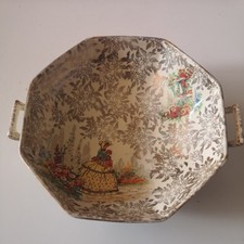 Empire Pottery England Gold Gilded bowl with handles Crinoline Dressed Lady