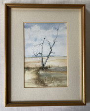 Original Watercolour Painting Landscape with Tree, Mounted Framed 34.5 x 27.5cm