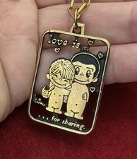 Vintage 'Love Is' Kim Casali Gold Tone & Enamel Pendant & Chain Original Box