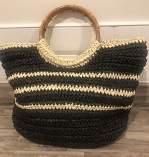 M&S Coll Black & Natural Woven Straw Bag, Wooden Handles. Stud Closure, BNWOT