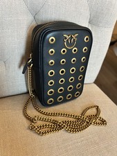 Pinko Love Mini Leather Phone Bag | Black with Gold Eyelets & Chain | Genuine Le