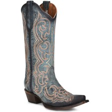 CORRAL Women's L5869 Blue Jean Embroidery & Triad Snip Toe Leather Boots, Sizes