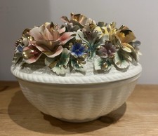 Vintage Italian Large Lidded Bowl Capodimonte Style With Flowers 22cm Diameter 