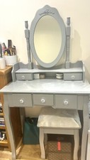AVC 5 Drawer Grey Dressing Table Bedroom Vanity Unit, Oval Mirror & Stool Set 